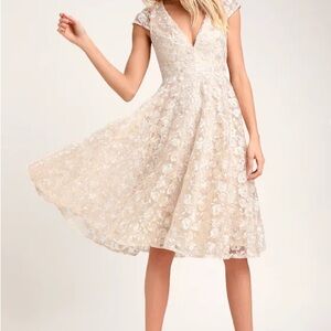 Lulus Jacqueline Champagne Floral Embroidered Backless Midi Dress